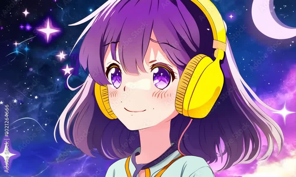 Cute anime girl with purple hair wearing yellow headphones under a starry night sky Cute anime girl with purple hair wearing yellow headphones under a starry night sky