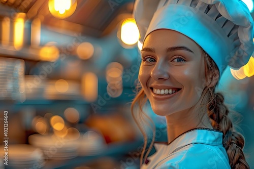 Portrait of a Female Chef Smiling in the Kitchen photo