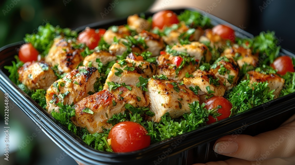 Person holding a plastic black container box with healthy fitness meal including white meat, fresh green salad and vegetables. Tasty lunch with high protein foods Person holding a plastic black container box with healthy fitness meal including white meat, fresh green salad and vegetables. Tasty lunch with high protein foods