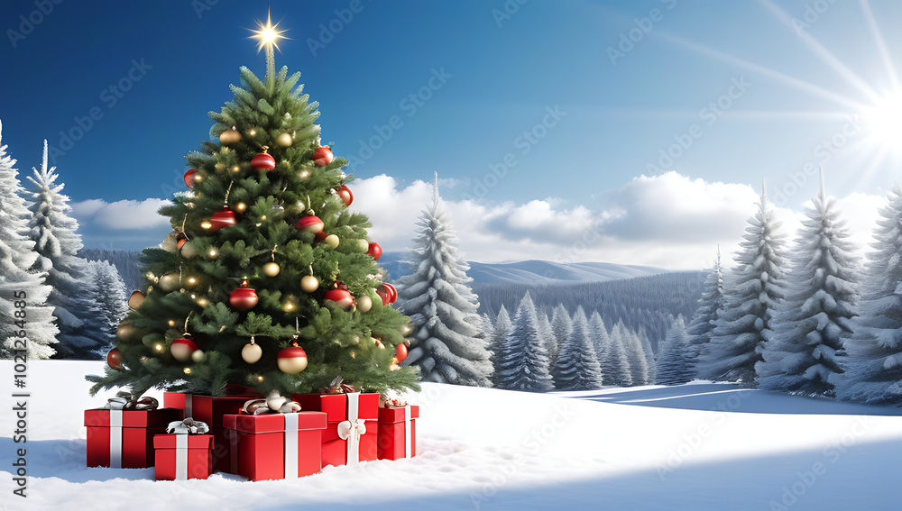 Obraz premium real christmas tree gifts snowy nature scene
