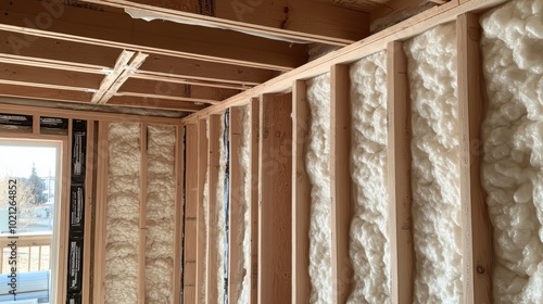 Insulated wall during home construction with foam panels and wooden framing.