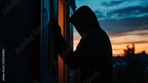 Silhouette of a hooded figure breaking into a house at dusk, representing the concept of burglary and home security.