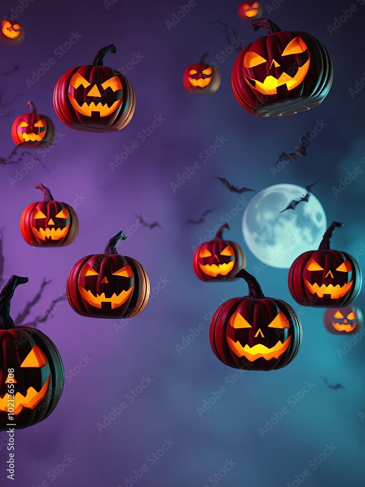 Spooky halloween backdrop featuring floating jack o lanterns and carved pumpkins on lilac halloween backdrop Spooky halloween backdrop featuring floating jack o lanterns and carved pumpkins on lilac halloween backdrop