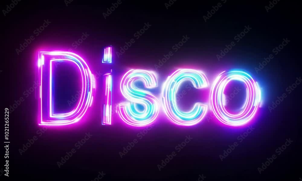 Vibrant neon disco text with glowing pink and blue colors on dark background in a retro party concept Vibrant neon disco text with glowing pink and blue colors on dark background in a retro party concept