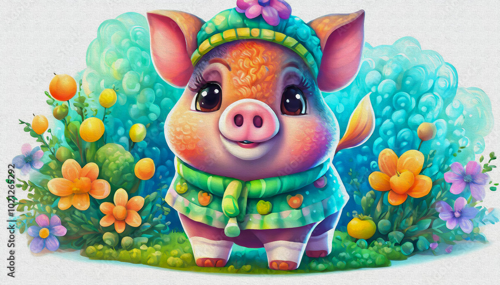 Fototapeta premium oil painting style CARTOON CHARACTER illustration CUTE BABY pig isolated on COLOR background, top view. side front view