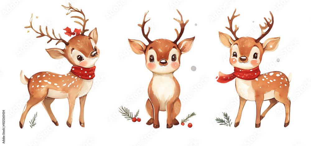 Fototapeta premium three set of cute Christmas reindeer isolated transparent background