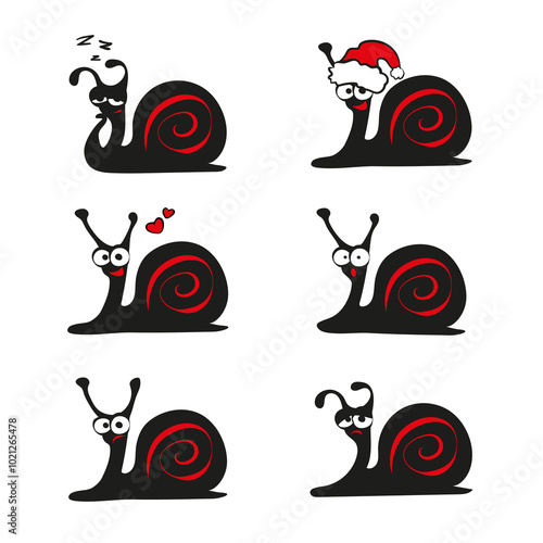 Set of crazy black and red snail emotions. Doodle illustration of cartoon comic slug characters. Tired, sleepy, surprised, New Year, in love, sad, cheerful