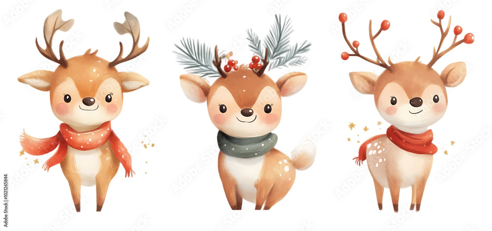 three set of cute Christmas reindeer isolated transparent background three set of cute Christmas reindeer isolated transparent background