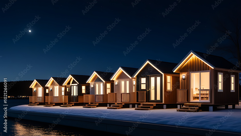 row tiny houses lit windowsill night row tiny houses lit windowsill night