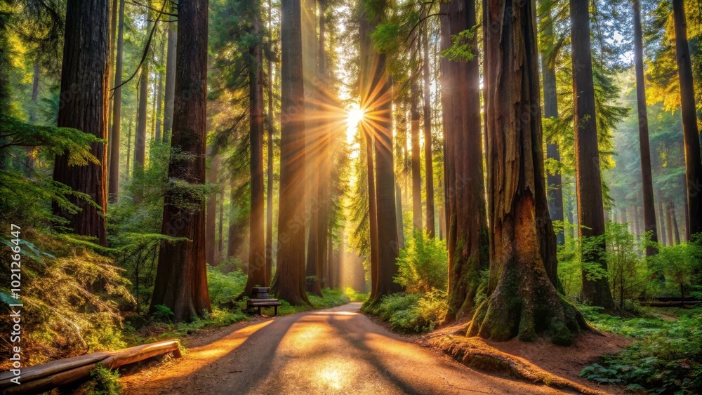 Sunbeams pierce through a dense canopy of ancient trees, illuminating a winding path in a mystical forest Sunbeams pierce through a dense canopy of ancient trees, illuminating a winding path in a mystical forest