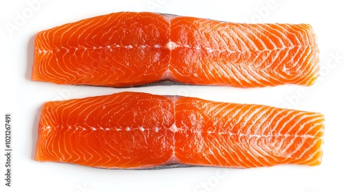 Fresh salmon fillets on a white background, ready for cooking or preparation in a kitchen. photo