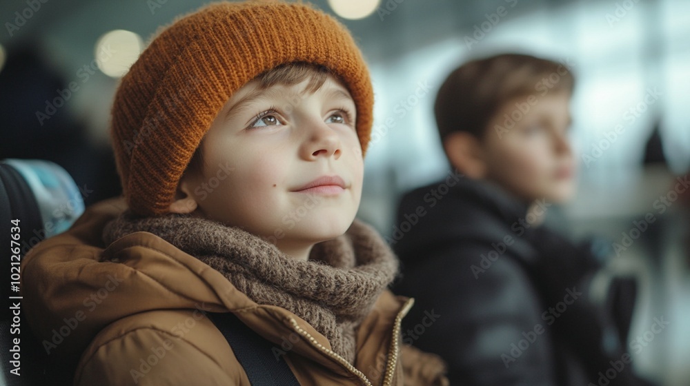 Young child in orange beanie and warm coat gazes upward with wonder, soft bokeh lights in background create dreamy atmosphere of curiosity and exploration. Young child in orange beanie and warm coat gazes upward with wonder, soft bokeh lights in background create dreamy atmosphere of curiosity and exploration.