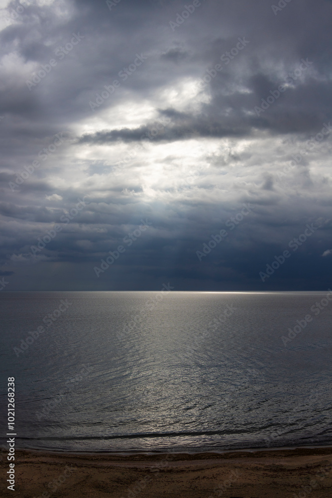 Fototapeta premium Stormy morning Black Sea shoreline beach landscape at Pomorie, Province of Burgas, Bulgaria