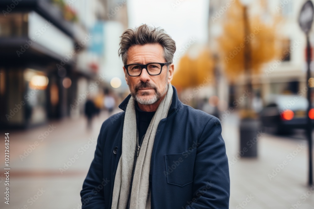 Portrait of a handsome middle-aged man with gray hair wearing a coat and scarf in the city. Portrait of a handsome middle-aged man with gray hair wearing a coat and scarf in the city.
