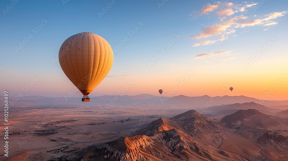 Fototapeta premium Serenity above Al Ula, balloons drift across the sky as the sun sets over desert mountains, a touristic marvel