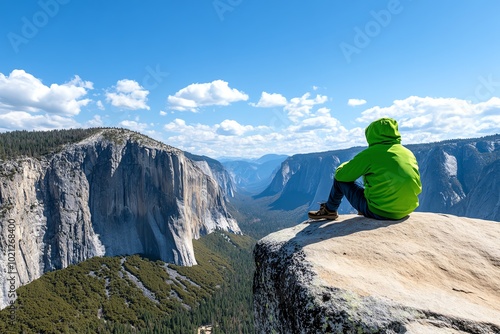 A quiet scene of a person sitting on a rock at the edge of a cliff, watching the sunset over the mountains, representing the transcendentalist search for meaning in solitude and nature photo