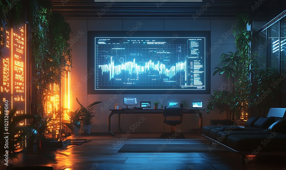 A modern workspace featuring a large screen displaying data analysis, complemented by ambient lighting and greenery. A modern workspace featuring a large screen displaying data analysis, complemented by ambient lighting and greenery.