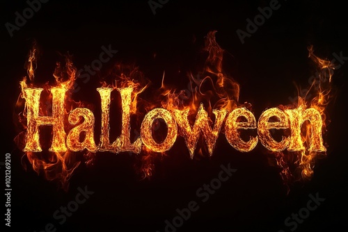 "Halloween" ablaze in flames, creating a Halloween-inspired, black background with an orange and red color scheme