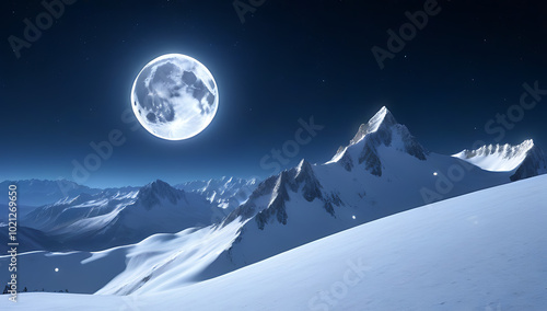 snowy mountain clear sky stars glowing moon