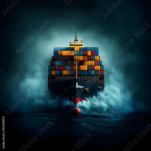 Majestic silhouette of a massive container ship its deck stacked high with uniform cargo containers cutting through the misty churning waters of the open sea photo