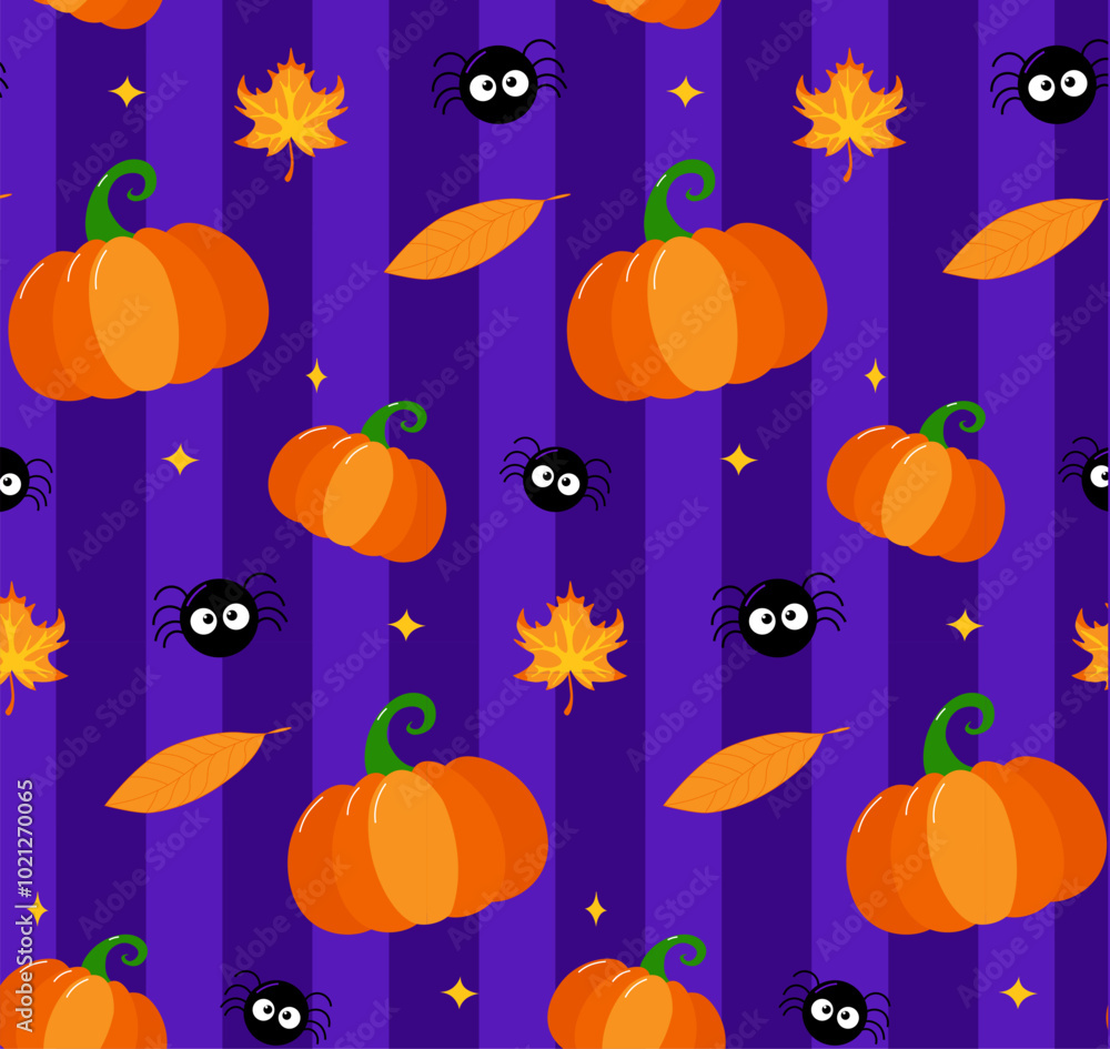 Vector Halloween seamless pattern with pumpkin, leaves, spider on colored background. Cute holiday repeated texture. Childish hand drawn background with cartoon characters
Vector Halloween seamless pattern with pumpkin, leaves, spider on colored background. Cute holiday repeated texture. Childish hand drawn background with cartoon characters