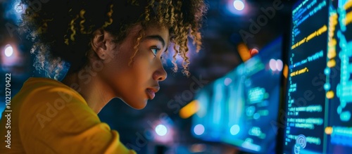 Young woman focused on coding at a computer setup with a vibrant, illuminated background during a late-night session