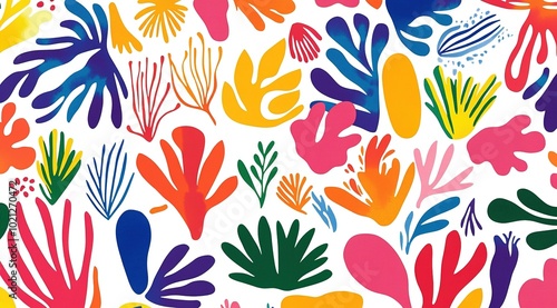 Pattern of bold, colorful abstract flower shapes on a white background.