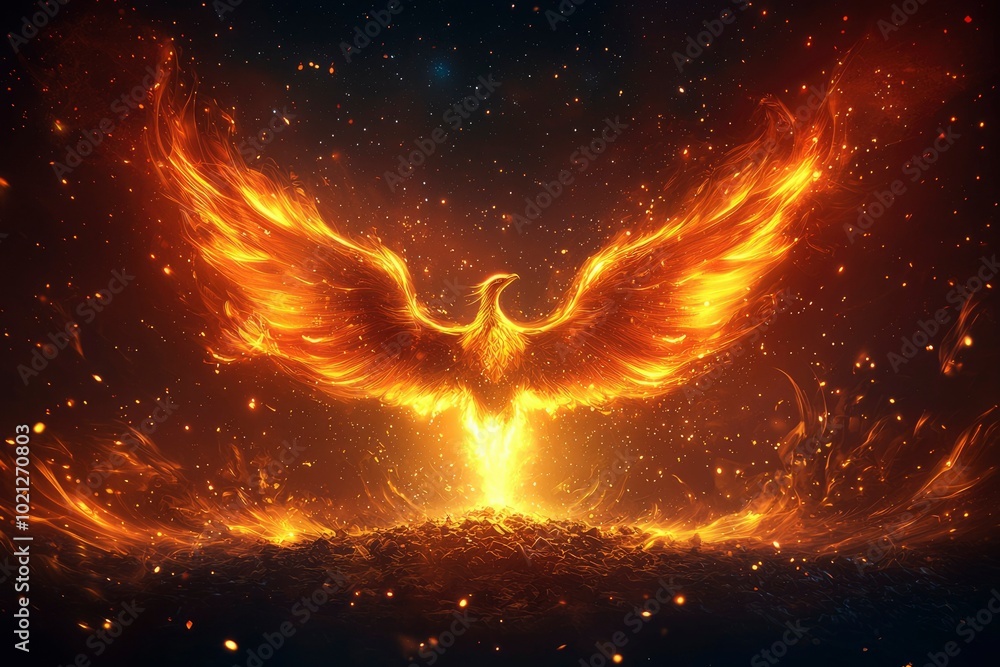 Fiery Phoenix Bird Emerging from a Bed of Embers Fiery Phoenix Bird Emerging from a Bed of Embers