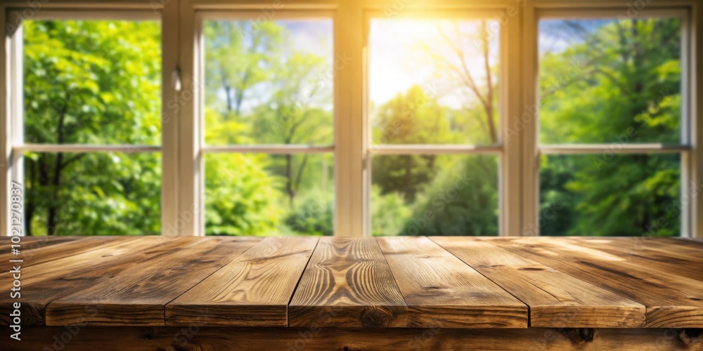 Rustic wooden tabletop with a window view of a lush green forest and sunbeams peeking through the glass