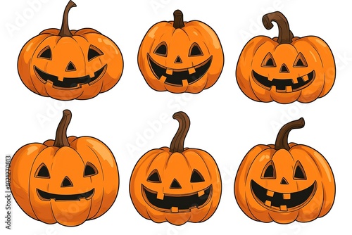 Set of orange pumpkins with different faces on a white background, vector illustration style, flat design