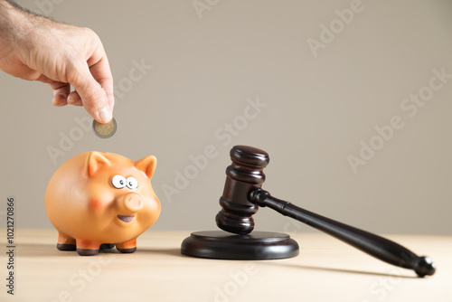 Close-up judge gavel with piggy bank and money, free background, copyspace, savings legal services, legal, lawyers, legal business
