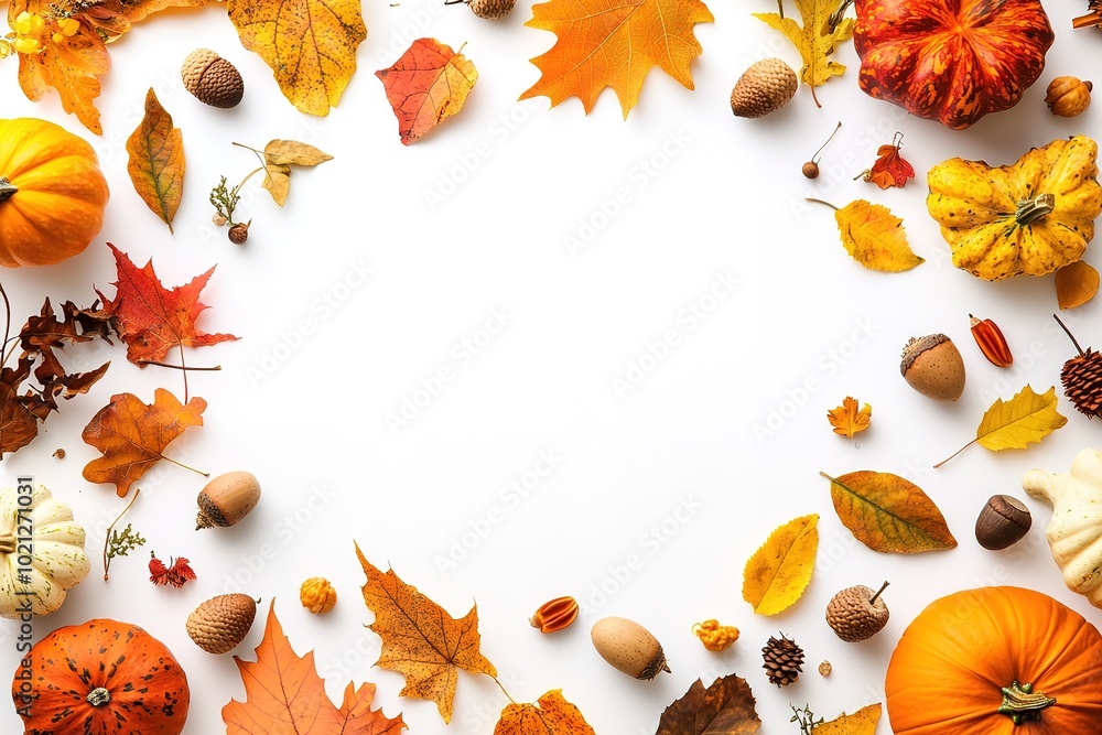 White background with elements of autumn and pumpkins, creating an empty space for text or design in the center of the frame. White background with elements of autumn and pumpkins, creating an empty space for text or design in the center of the frame.