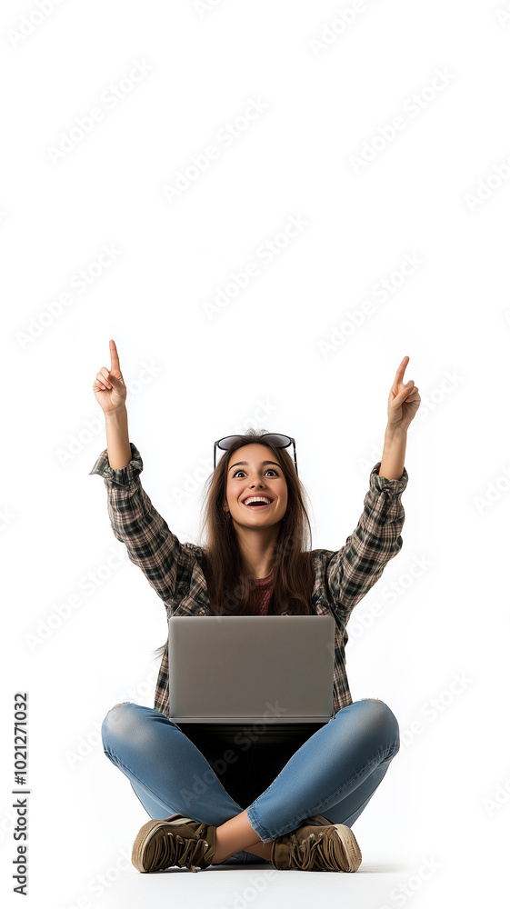 A minimalist studio shot of a woman sitting on the floor with a laptop, smiling and pointing upward, set against a clean white background with soft lighting.
A minimalist studio shot of a woman sitting on the floor with a laptop, smiling and pointing upward, set against a clean white background with soft lighting.