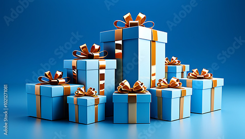 stack gift boxes bows blue background