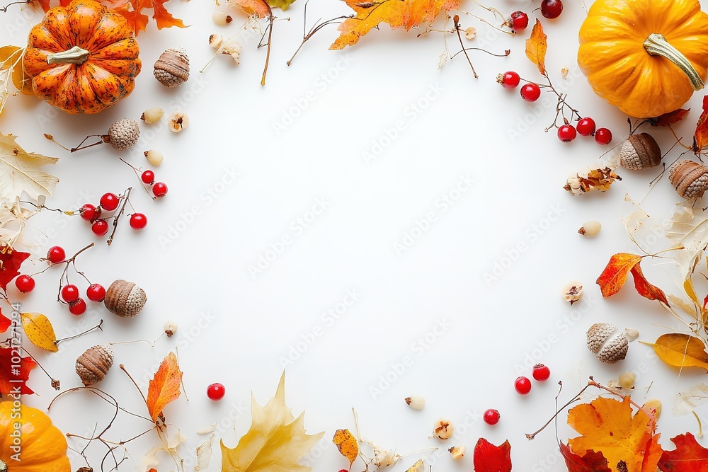 White background with elements of autumn and pumpkins, creating an empty space for text or design in the center of the frame. White background with elements of autumn and pumpkins, creating an empty space for text or design in the center of the frame.
