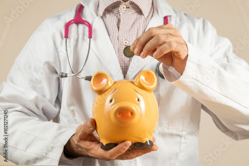 Close-up doctor holding a piggy bank in his hands, depositing money in a piggy bank, medical insurance savings, treatment price, health, medicine price, social security