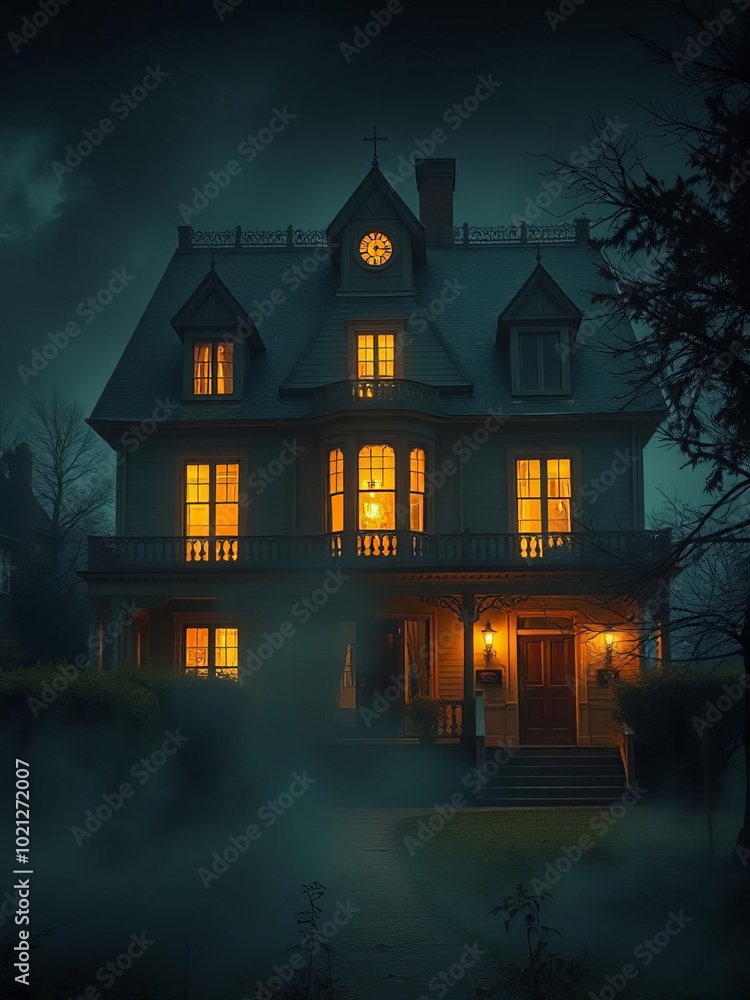 Spooky haunted house at night glowing windows and mist rising from the ground halloween backdrop Spooky haunted house at night glowing windows and mist rising from the ground halloween backdrop