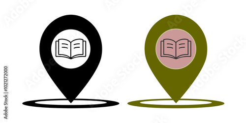 map pointer with a book, library location icon vector. set of black and white and colored