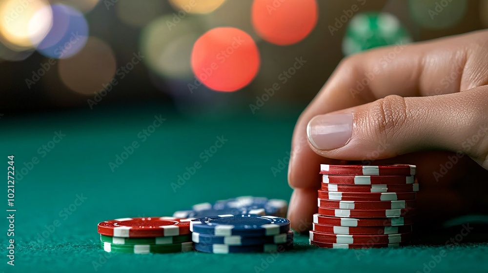 Elegant Baccarat Player in a Luxurious Casino Setting - High-Stakes Gambling with Smooth Chips and Glamorous Atmosphere Elegant Baccarat Player in a Luxurious Casino Setting - High-Stakes Gambling with Smooth Chips and Glamorous Atmosphere