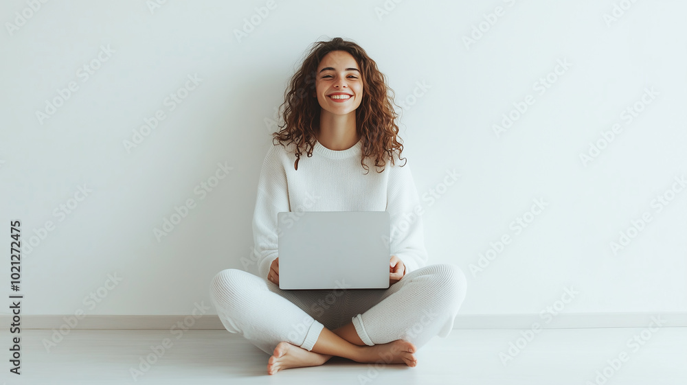 Smiling young woman sitting with laptop on white background
Smiling young woman sitting with laptop on white background