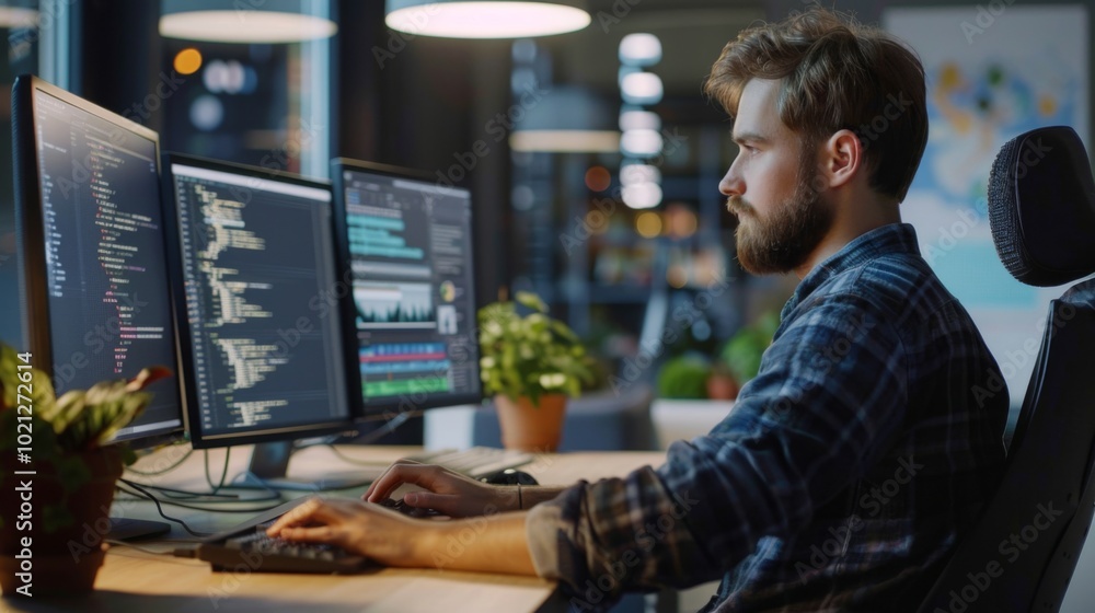 Focused Programmer Working on Code at Desk Focused Programmer Working on Code at Desk