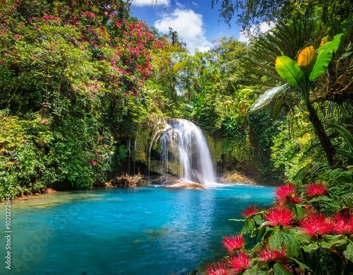 A Vibrant Tropical Rainforest Waterfall Cascading Into a Deep Pool, Surrounded by Exotic Plants and Bright Flowers, Captured in Midday Sunlight for a Stunning Nature Scene