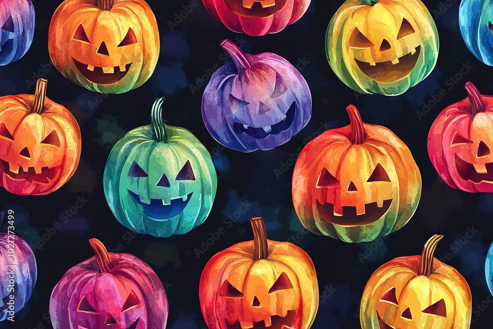 A pattern of colorful pumpkins and Jack-o'-lanterns on a black background, in a cartoon style A pattern of colorful pumpkins and Jack-o'-lanterns on a black background, in a cartoon style