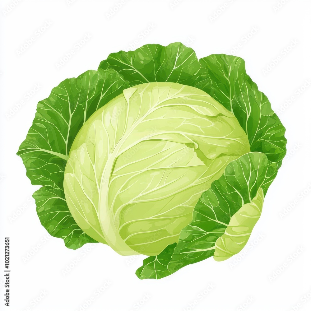 Fototapeta premium Fresh Green Cabbage Isolated on White Background, flat design illustration