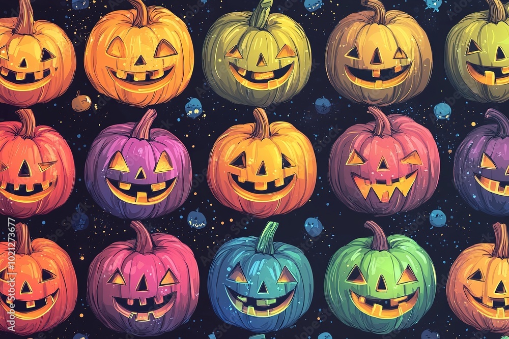 A pattern of colorful pumpkins and Jack-o'-lanterns on a black background, in a cartoon style A pattern of colorful pumpkins and Jack-o'-lanterns on a black background, in a cartoon style