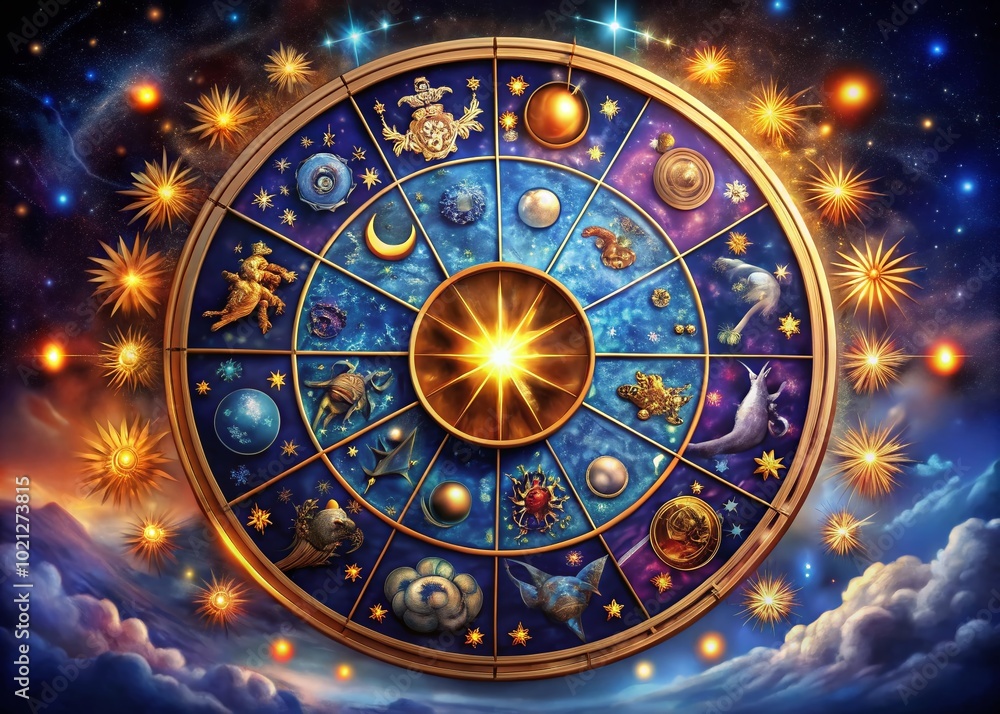 Obraz premium Celestial Zodiac Signs Illustrated in a Colorful Horoscope Chart with Astrological Symbols and Icons