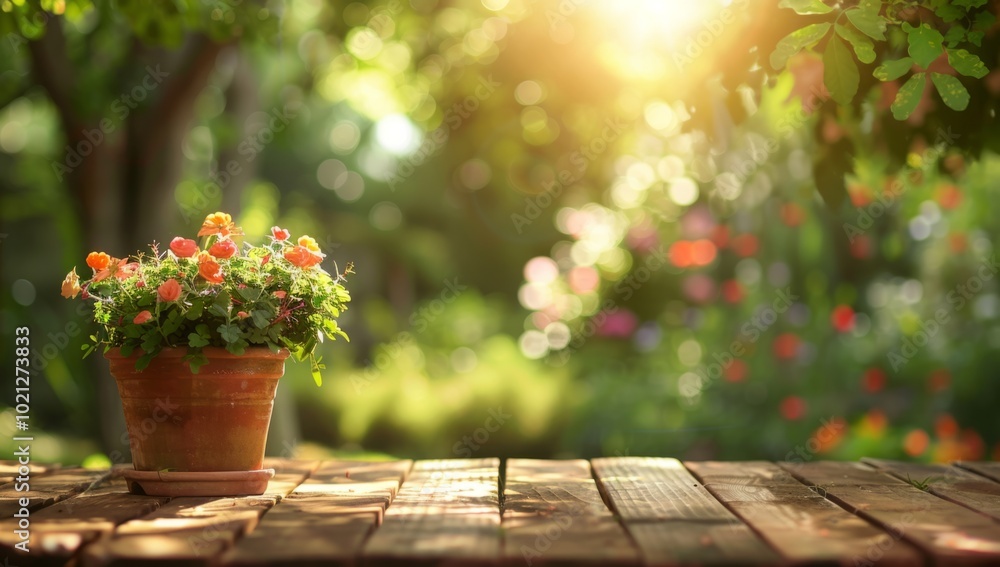 A sunny garden setting showcasing a vibrant potted flower arrangement on a wooden table during golden hour A sunny garden setting showcasing a vibrant potted flower arrangement on a wooden table during golden hour