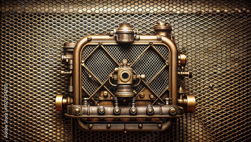 A Steampunk Machine With a Golden Finish on a Metallic Grid Background