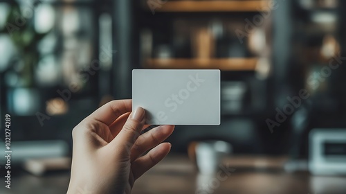 A person holds a blank card in front of a blurred background of shelves and a coffee cup, suggesting use as a business card or ID.