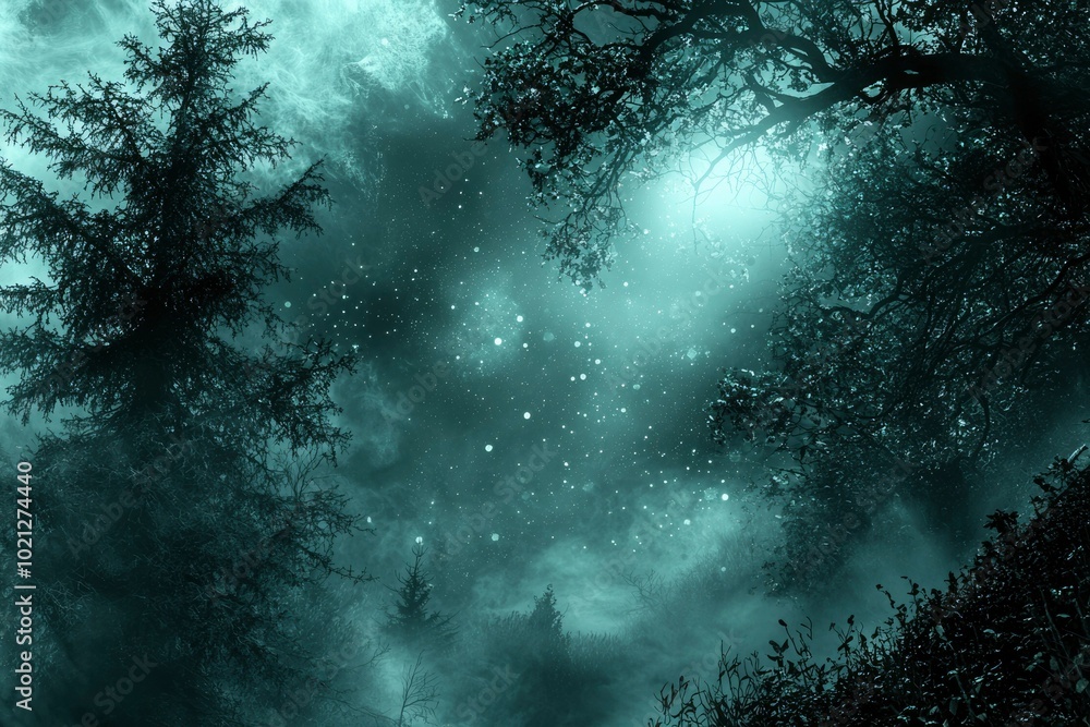 Silhouetted Trees in a Foggy Night Sky with Stars and a Moon Silhouetted Trees in a Foggy Night Sky with Stars and a Moon